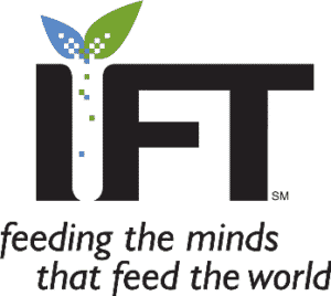 Logo for IFT with tagline 'feeding the minds that feed the world' and a leaf motif.