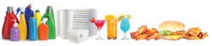 Cleaning products, paper towels, diapers, colorful cocktails, chicken wings, burger, and fries.