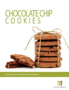 Stack of chocolate chip cookies tied with string with the text Chocolate Chip Cookies