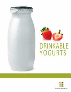 White bottle of yogurt next to fresh strawberries with the text Drinkable Yogurts