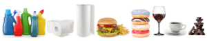 Row of cleaning supplies, paper rolls, a burger, fries, donuts, wine, coffee, and chocolate.