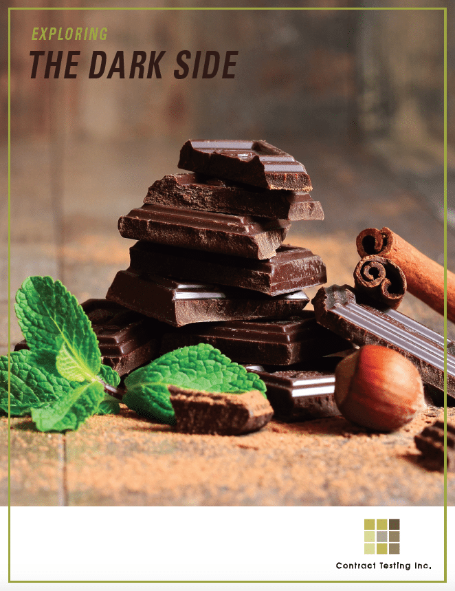 Stacked pieces of dark chocolate with mint leaves and the text The Dark Side